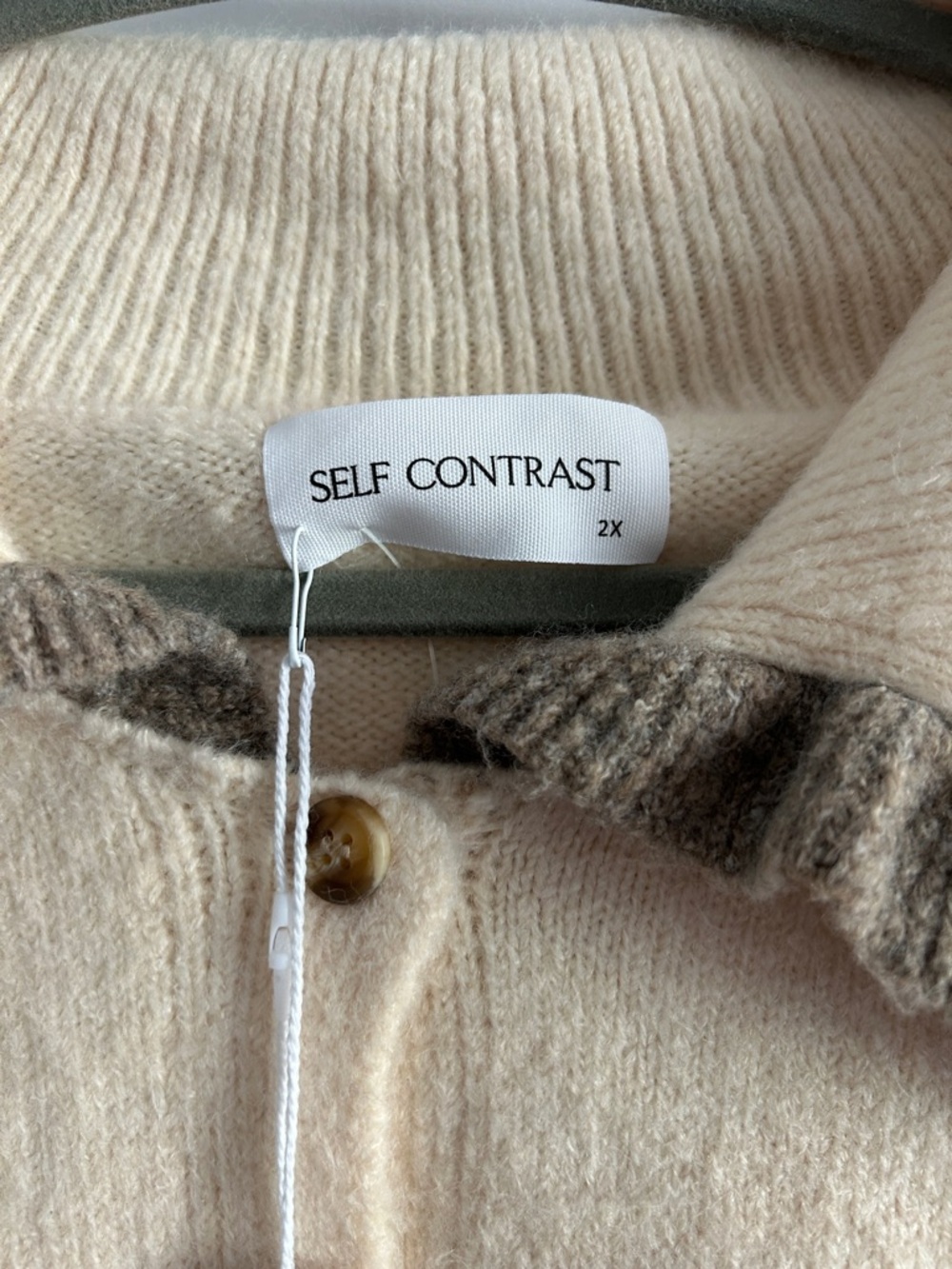 Self Contrast Cream Short Sleeve Knit Cardigan with Brown Trim 2X - Picture 3 of 7
